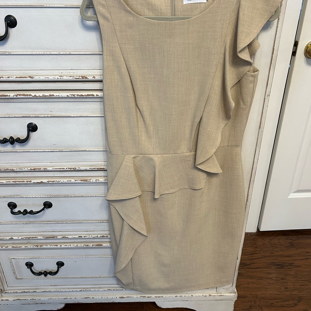 Calvin Klein Tan Asymmetrical Ruffle Dress